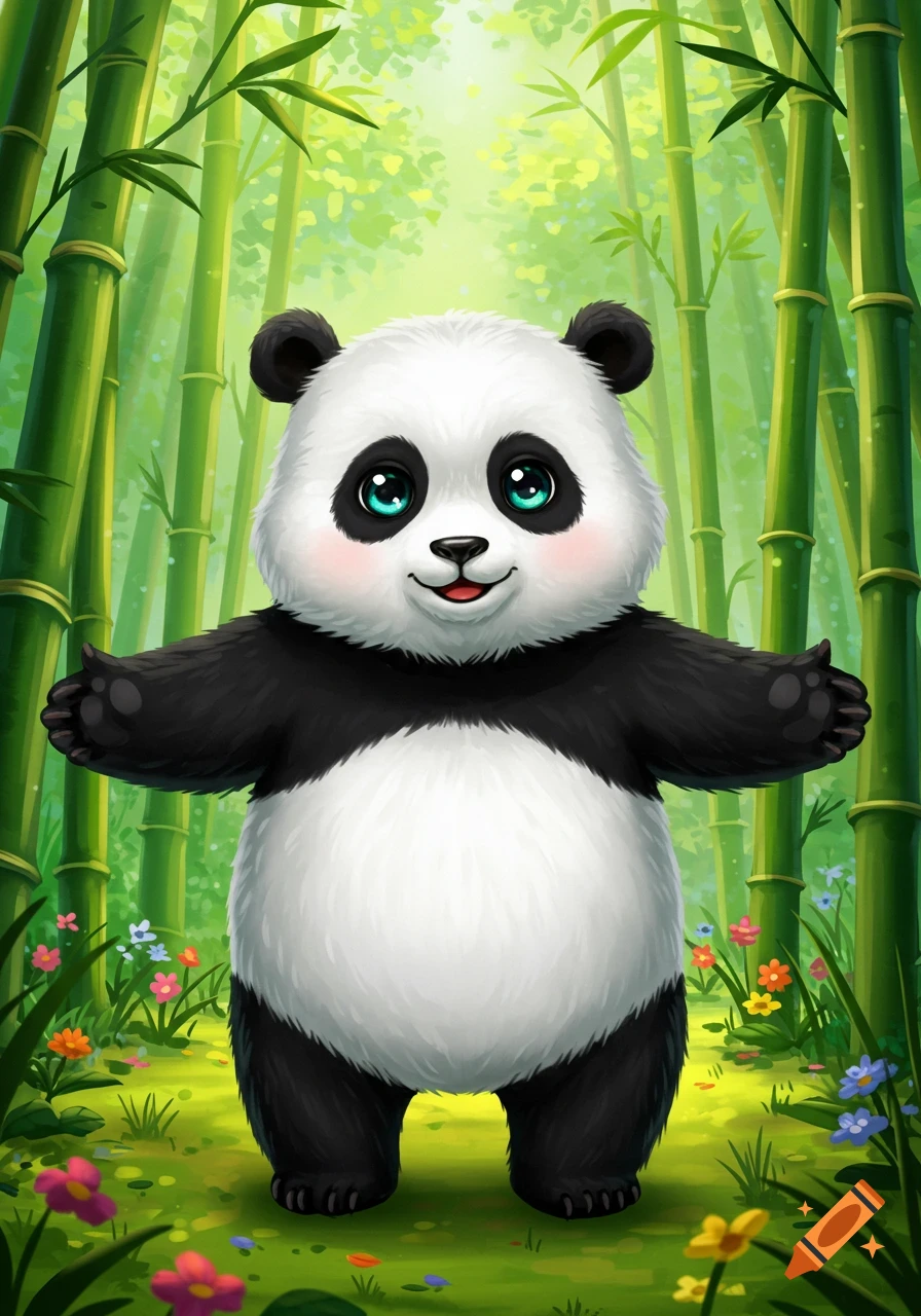 A cute, fluffy panda stands with outstretched arms in a vibrant green bamboo forest with colorful flowers, in a cartoon style.