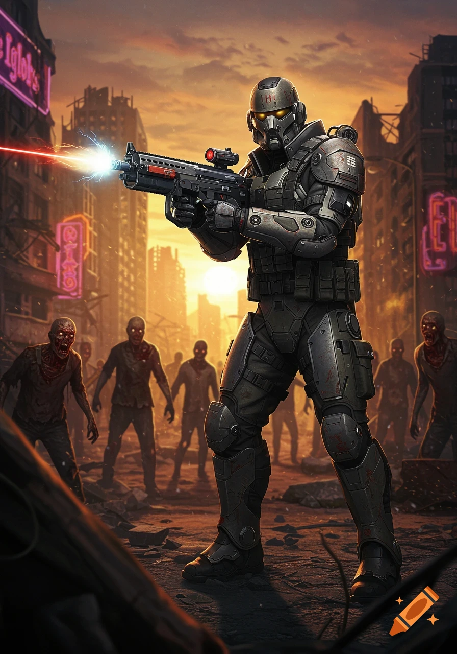 A futuristic soldier in power armor fires a laser weapon at an approaching horde of zombies in a ruined city at sunset, digital art.