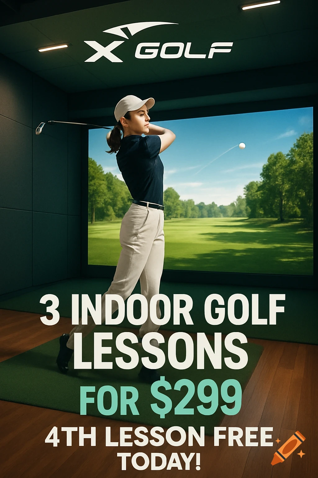 A woman in an indoor golf simulator, mid-swing. The image advertises 'X Golf: 3 Indoor Golf Lessons for $299, 4th Lesson Free Today!'