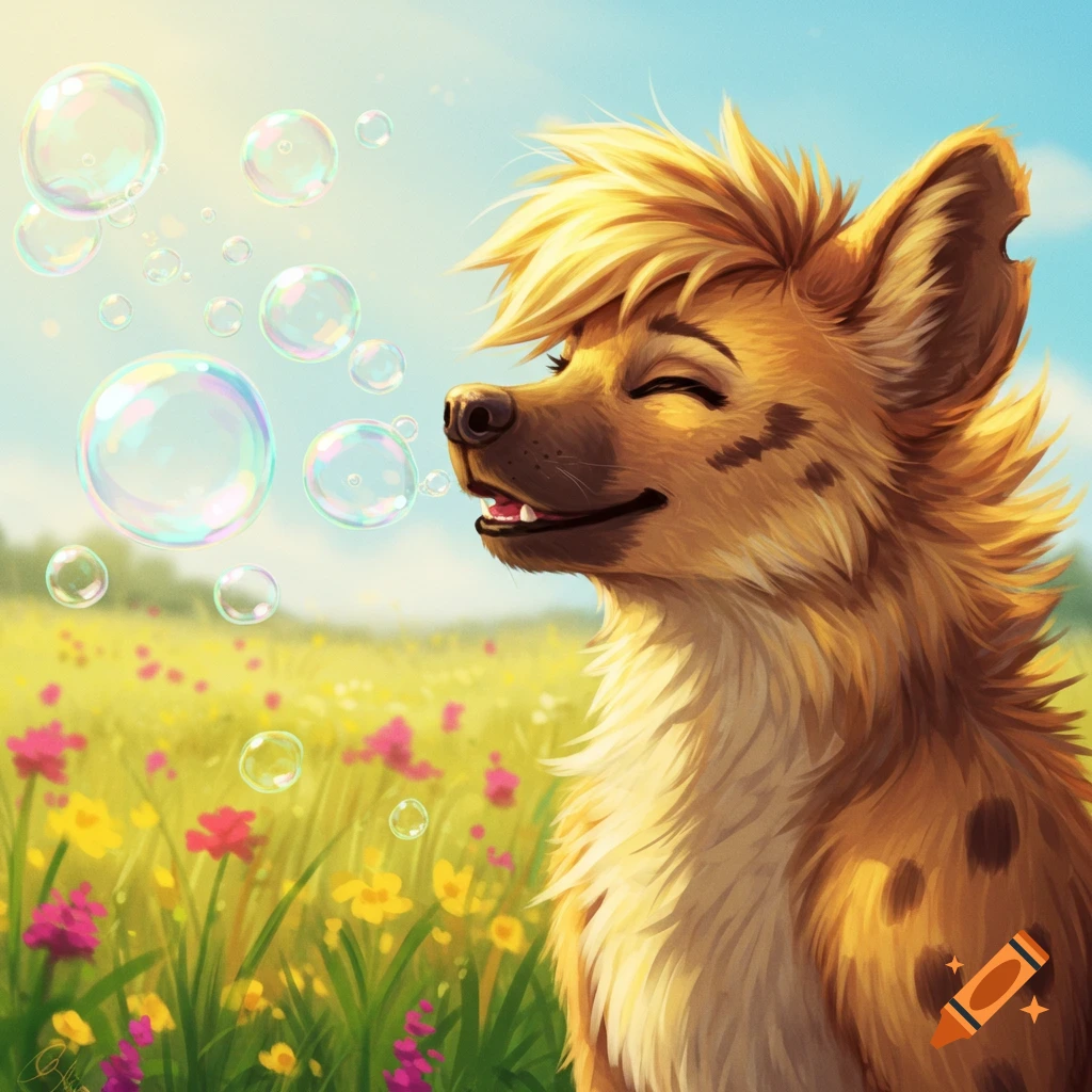 A happy anthropomorphic hyena in a furry art style, eyes closed, blowing bubbles in a sunny field of wildflowers.