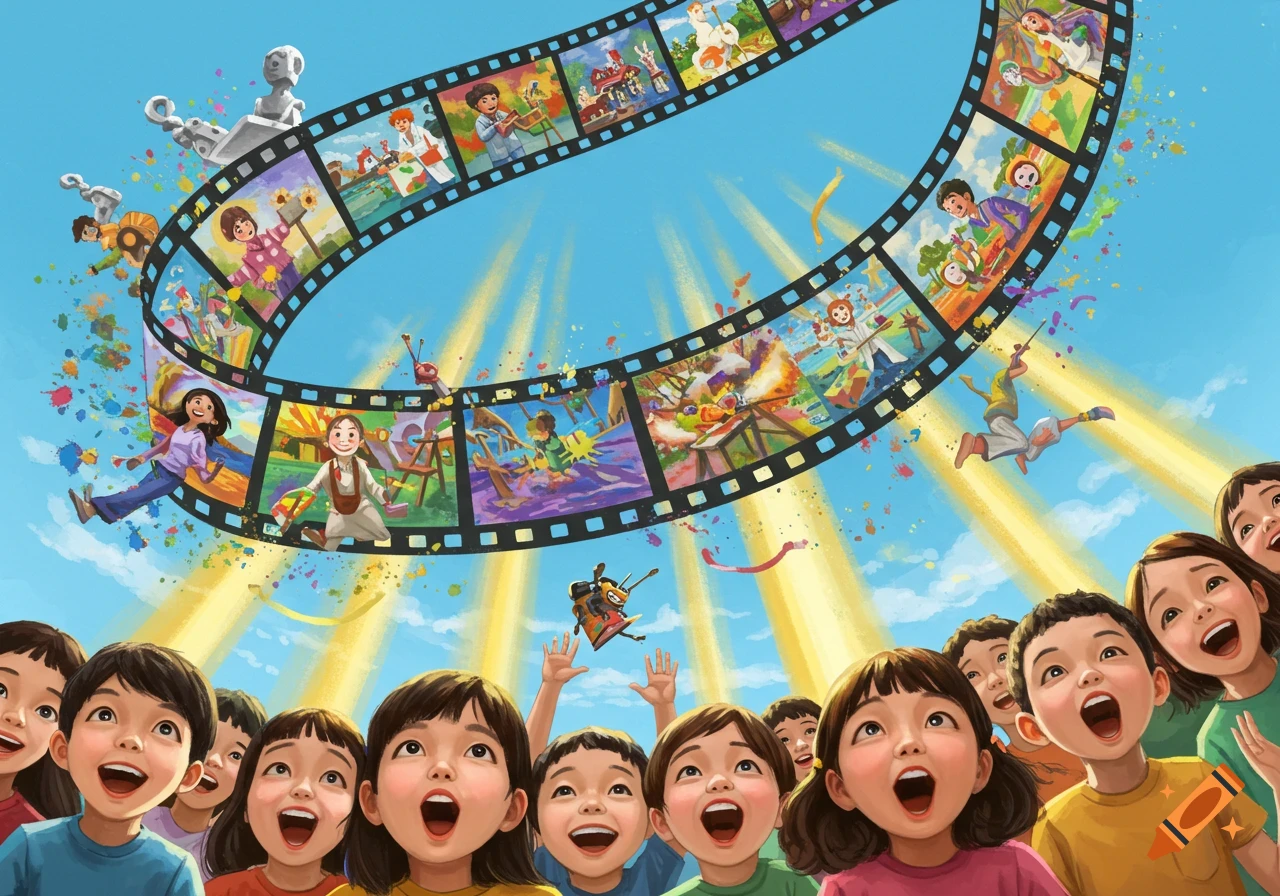 Excited children look up at a filmstrip floating in a blue sky, showing various artists creating colorful paintings.