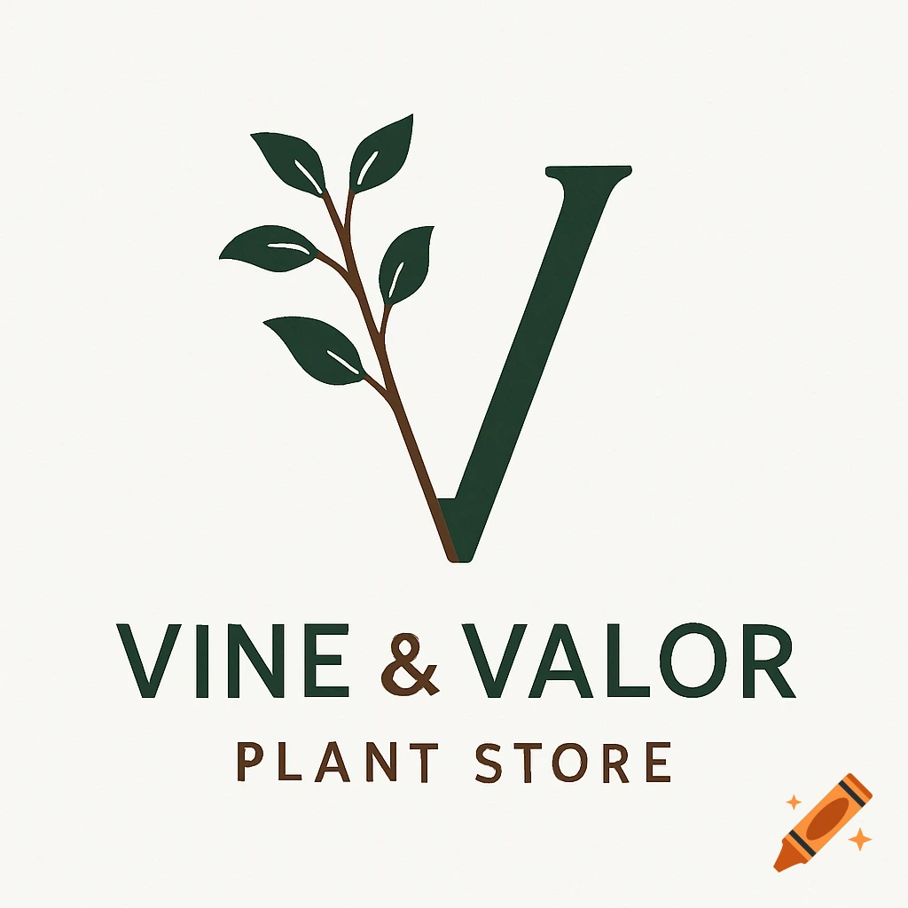 A minimal plant store logo with a dark green 'V' intertwined with a brown branch and green leaves, above the text 'VINE & VALOR PLANT STORE'.