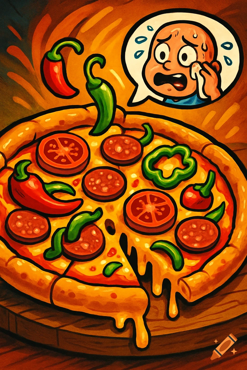 Cartoon pizza with pepperoni, tomatoes, and chili peppers on a wooden table. A speech bubble shows a person sweating from the spice.