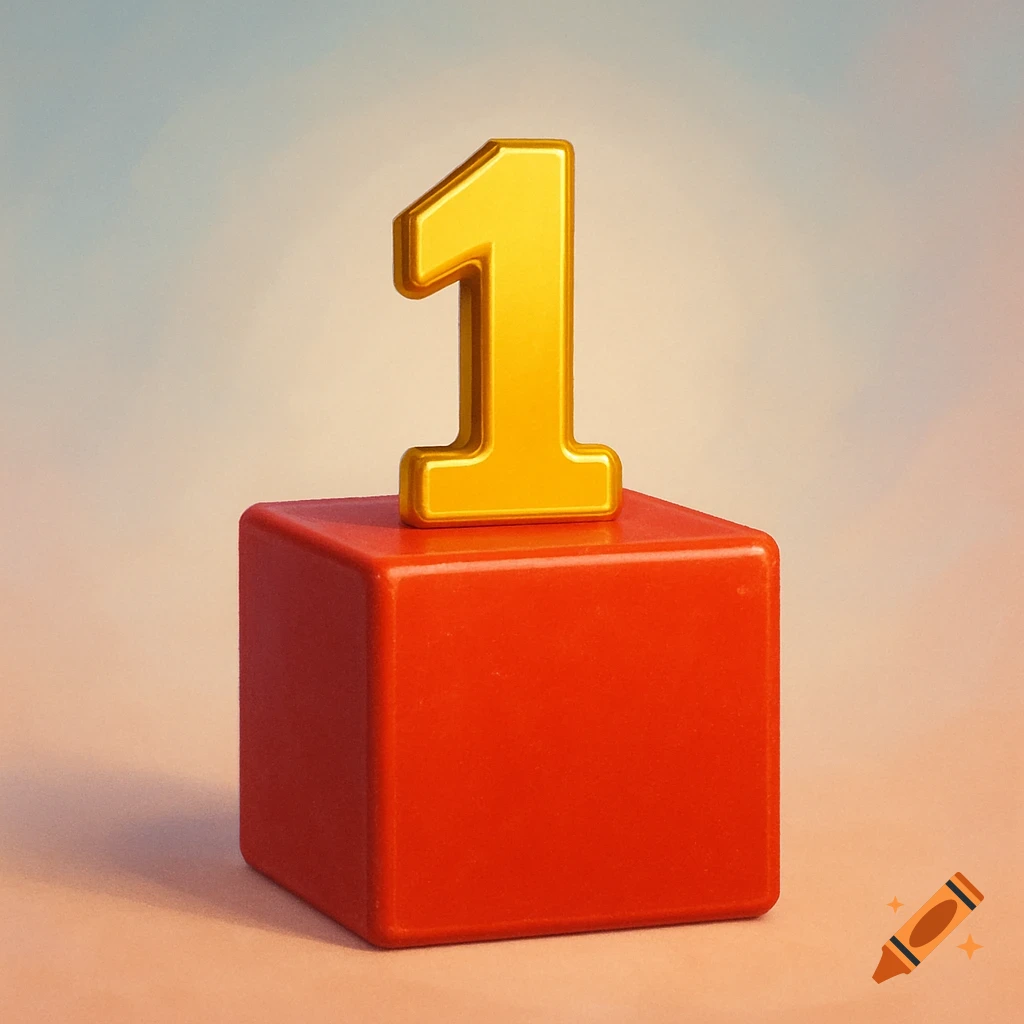 A golden number one sits on a red cube against a soft, colorful background.