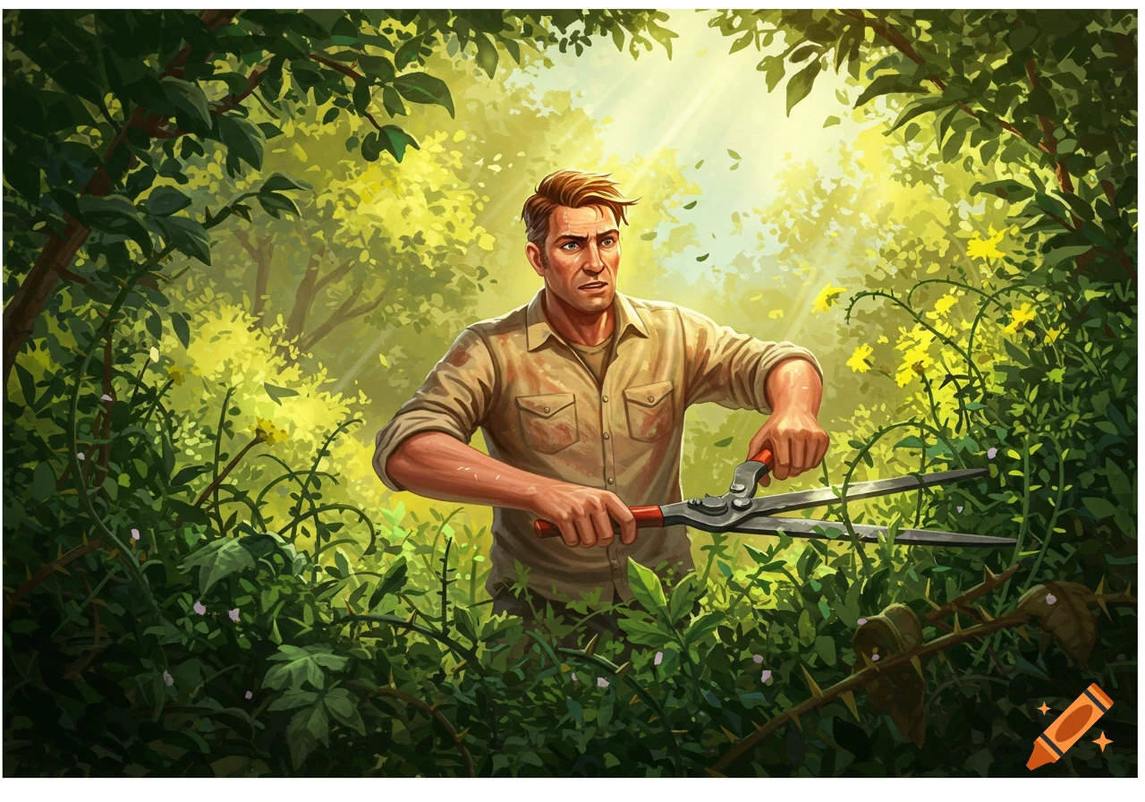 An illustration of a man with hedge clippers, looking concerned as he cuts thorny vines and weeds in a sunlit, dense forest.