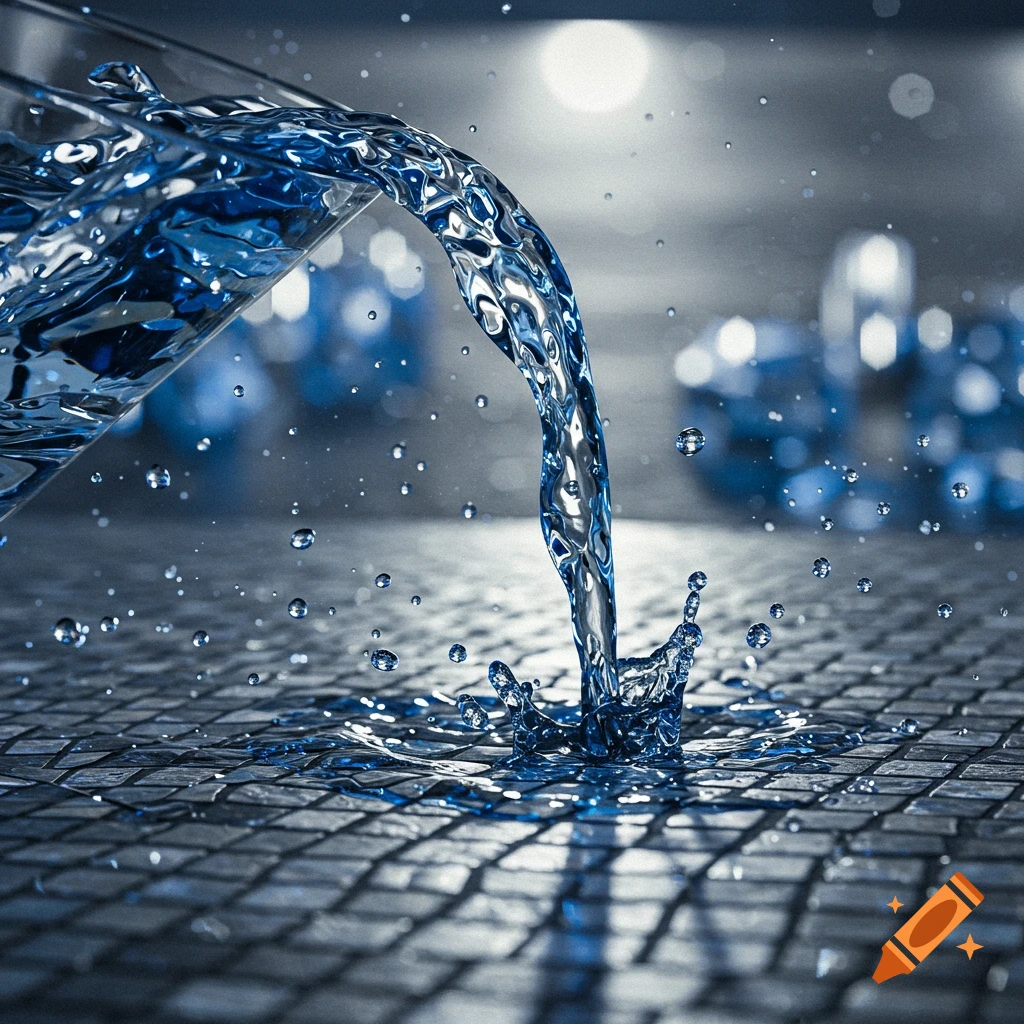 Close-up photorealistic shot of blue water spilling from a glass onto a textured tiled surface, with many droplets in the air.