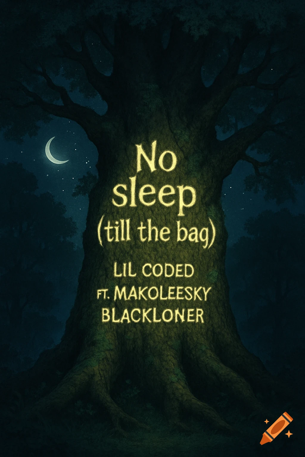 A large, dark tree at night with glowing text on its trunk, a crescent moon in the sky, and stars.