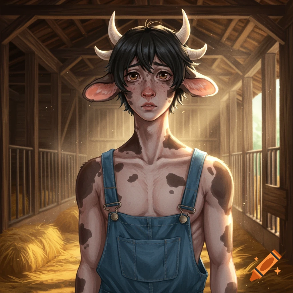 An illustrated cow hybrid man with horns and spots stands timidly in a sunlit wooden barn with hay bales.