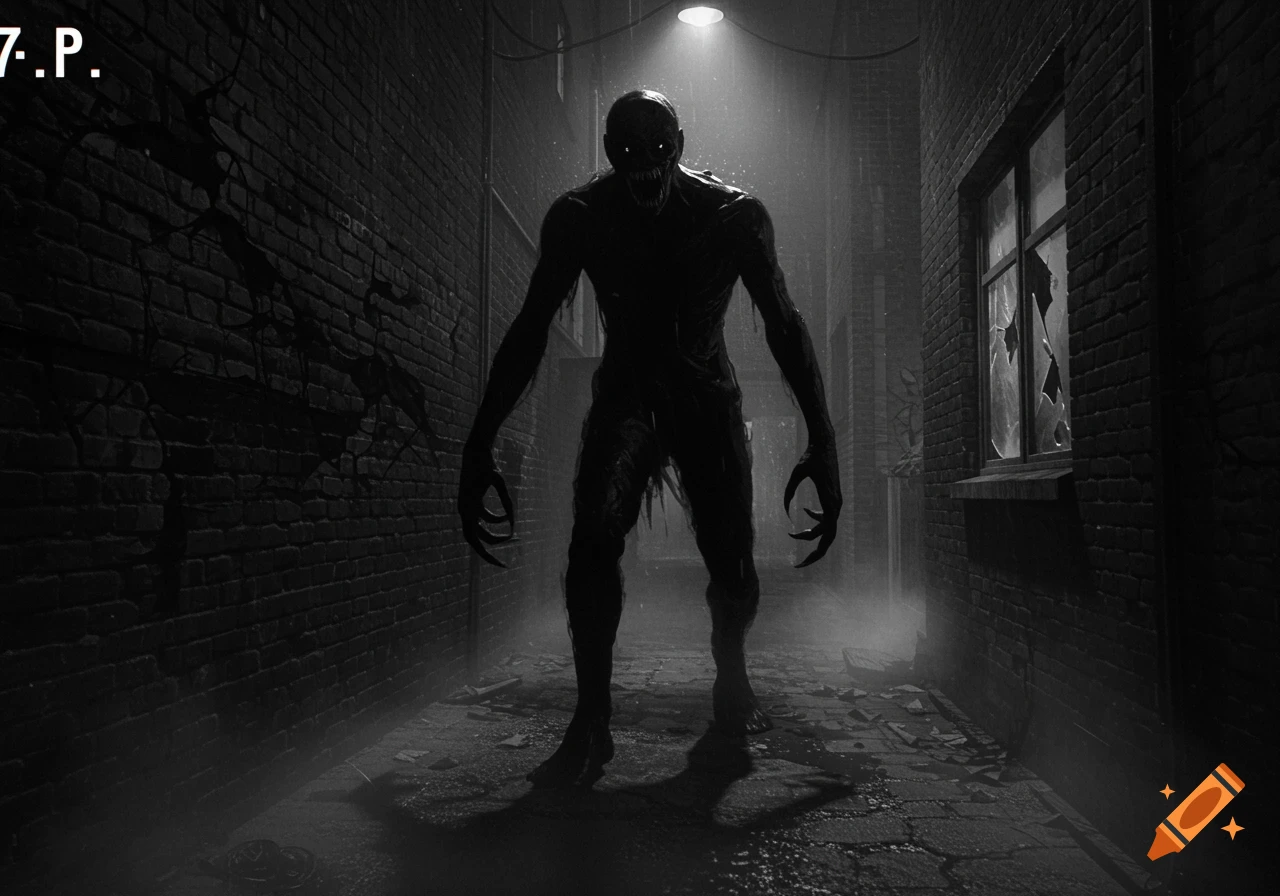 A dark, ominous monster with glowing eyes and long claws stands in a dimly lit, narrow alleyway with brick walls and a broken window.