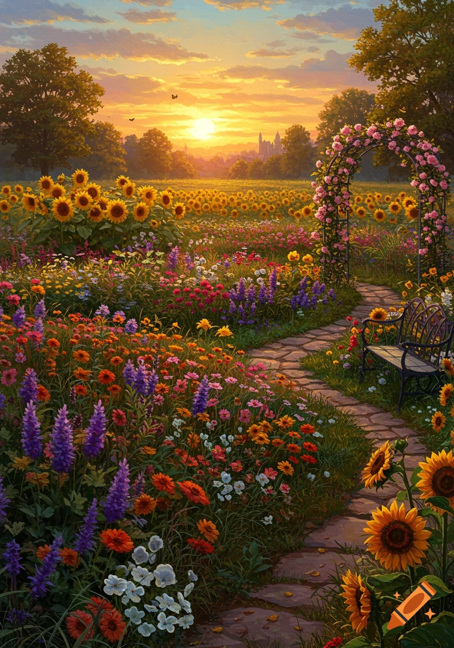 A vibrant garden with a stone path leading through fields of sunflowers and colorful flowers at sunset.