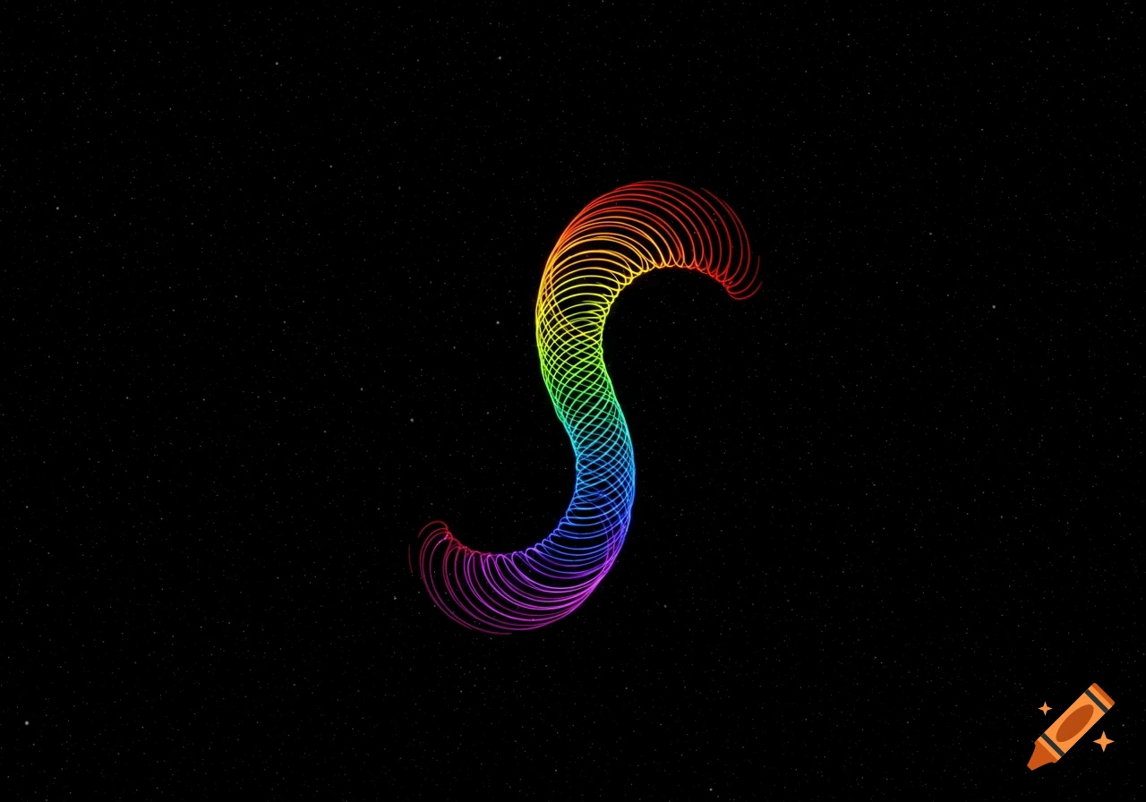 A colorful rainbow spiral of Archimedes against a dark starry void of outer space.
