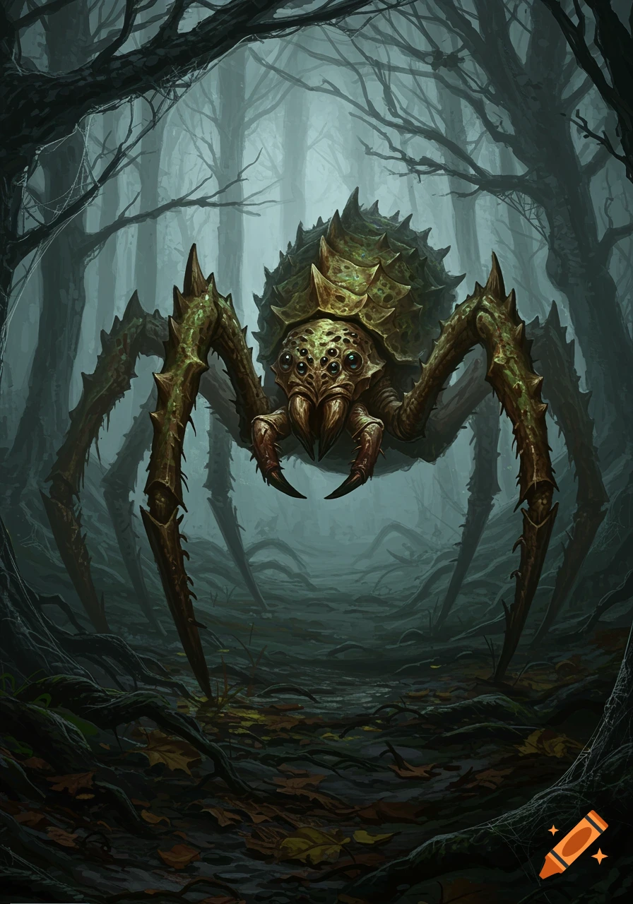 A menacing, monstrous spider-like creature with green armor and multiple eyes in a dark, misty forest.