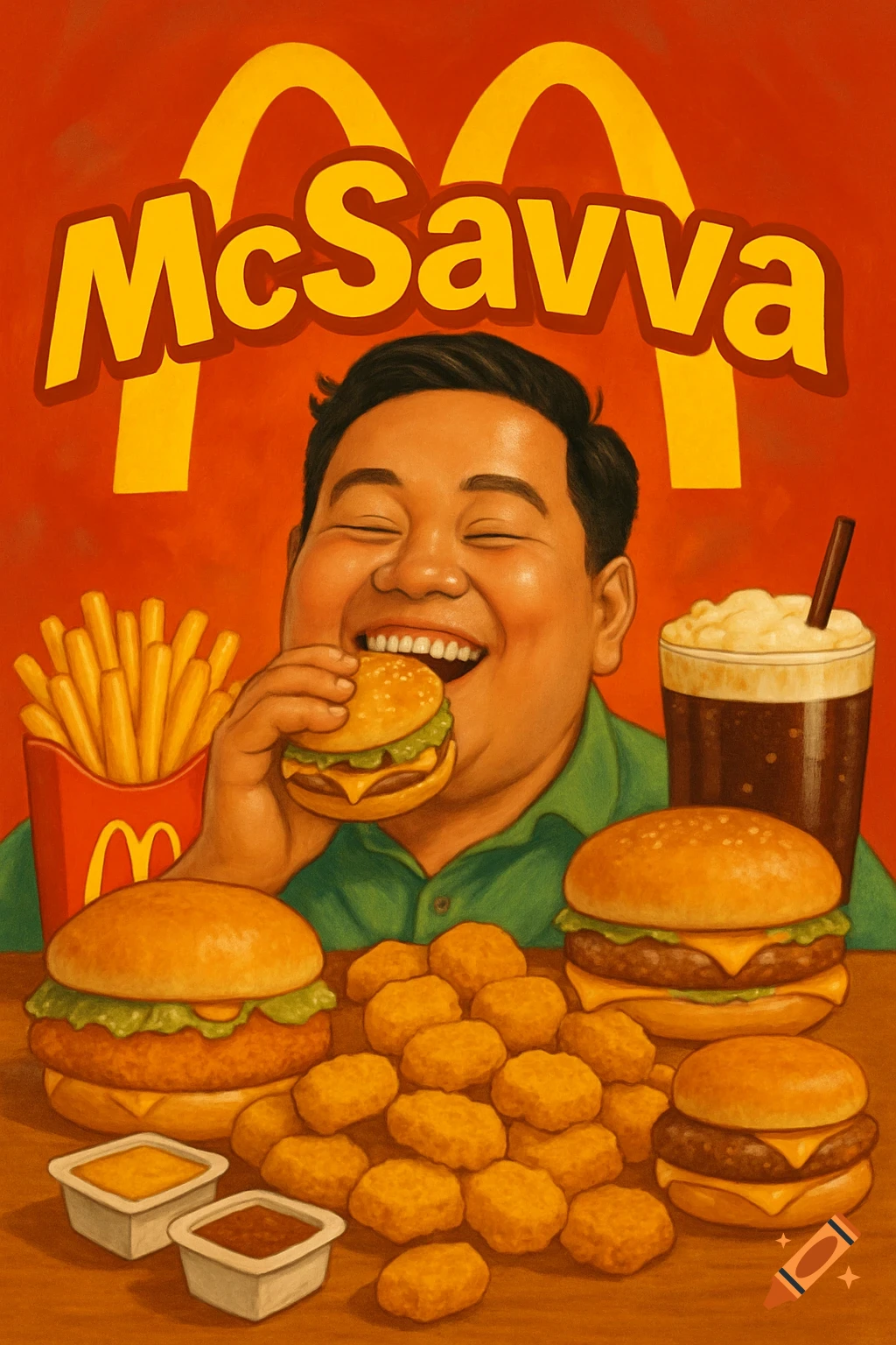 A man happily eats a burger, surrounded by fast food, under a 'McSavva' logo, in a colorful, illustrative style.