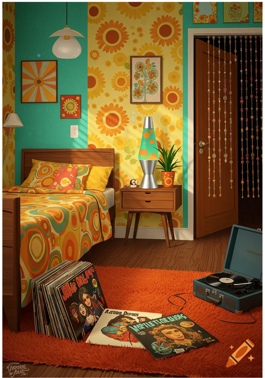 A colorful 60s themed bedroom with a bed, lava lamp, vinyl records on a shag rug, and floral wallpaper.