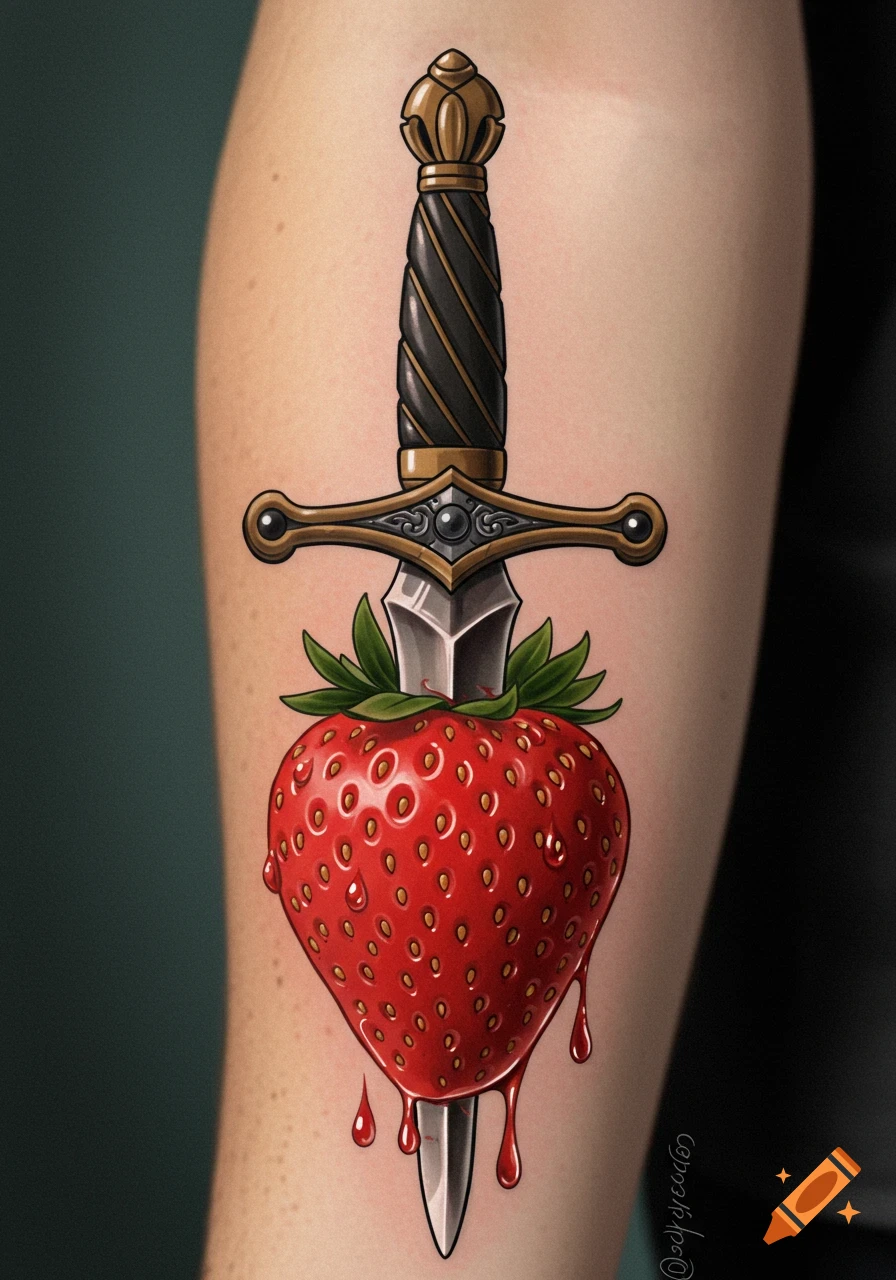 A colorful stylized tattoo on a person's arm depicts a sword piercing a red strawberry, with red liquid dripping from it.