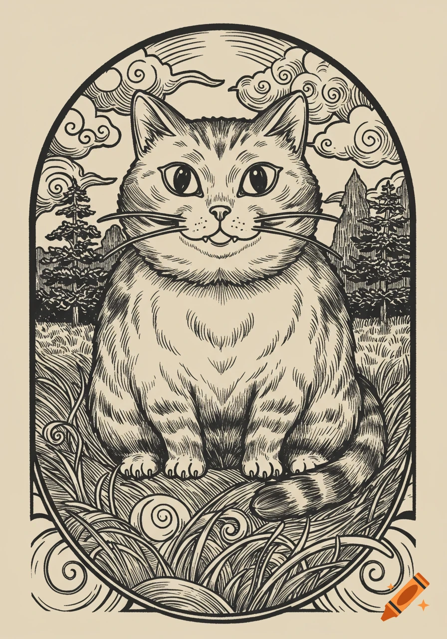 Woodcut style illustration of a striped cat sitting in a grassy landscape, framed by an arch.