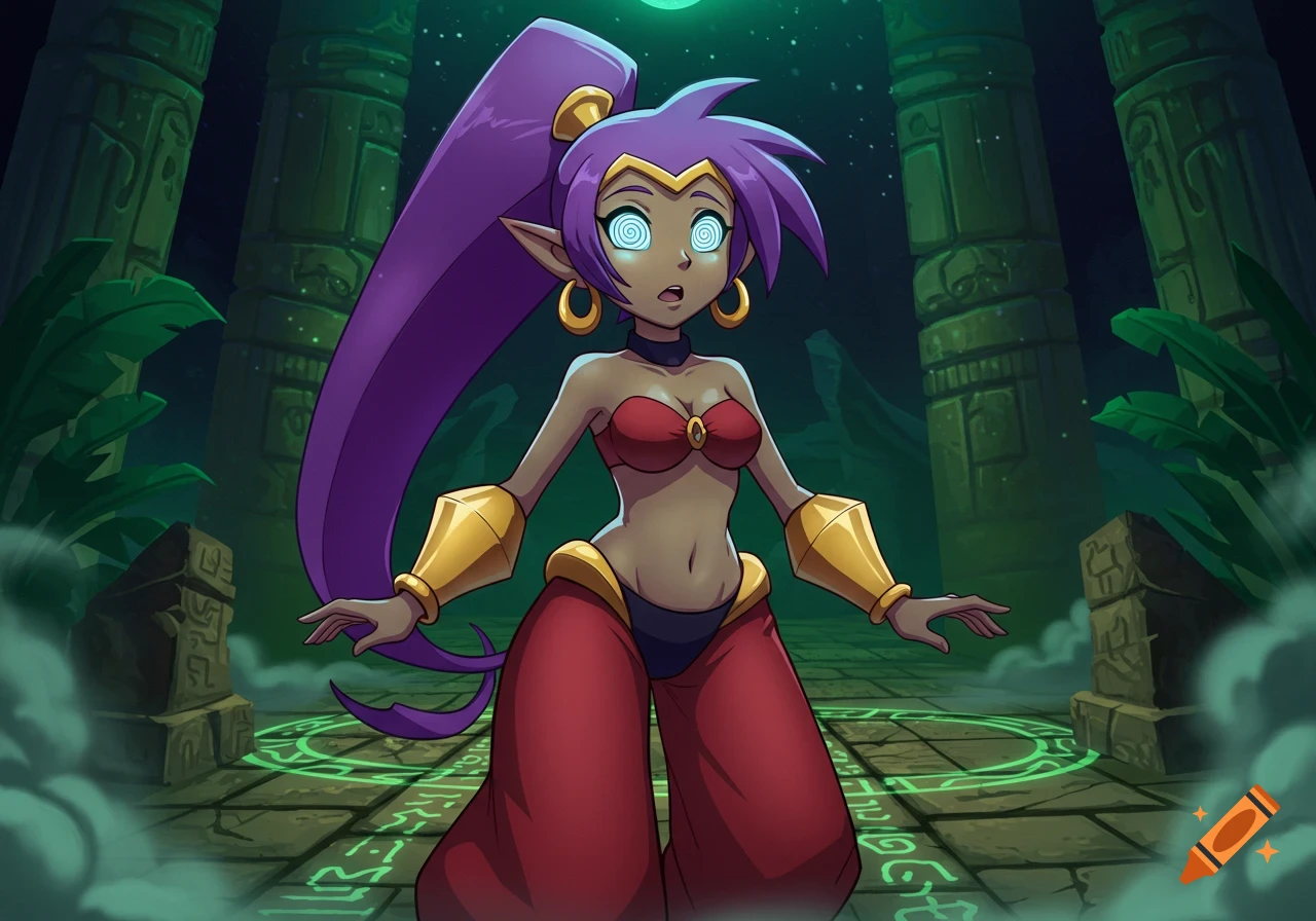 Cartoon character Shantae with glowing spiral eyes stands in a dark, ancient ruin with green magical symbols.