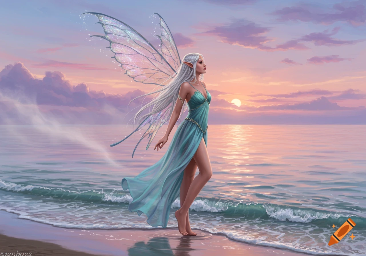 Ethereal fairy elf with long white hair and iridescent wings in a teal gown stands on a beach at sunset.