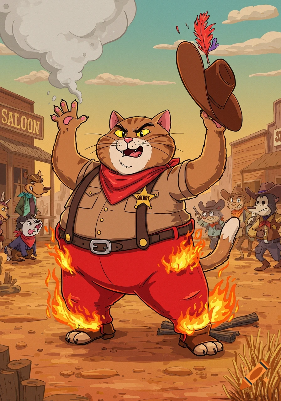 A chubby cartoon tabby cat sheriff with pants on fire, holding his cowboy hat up in an Old West town.