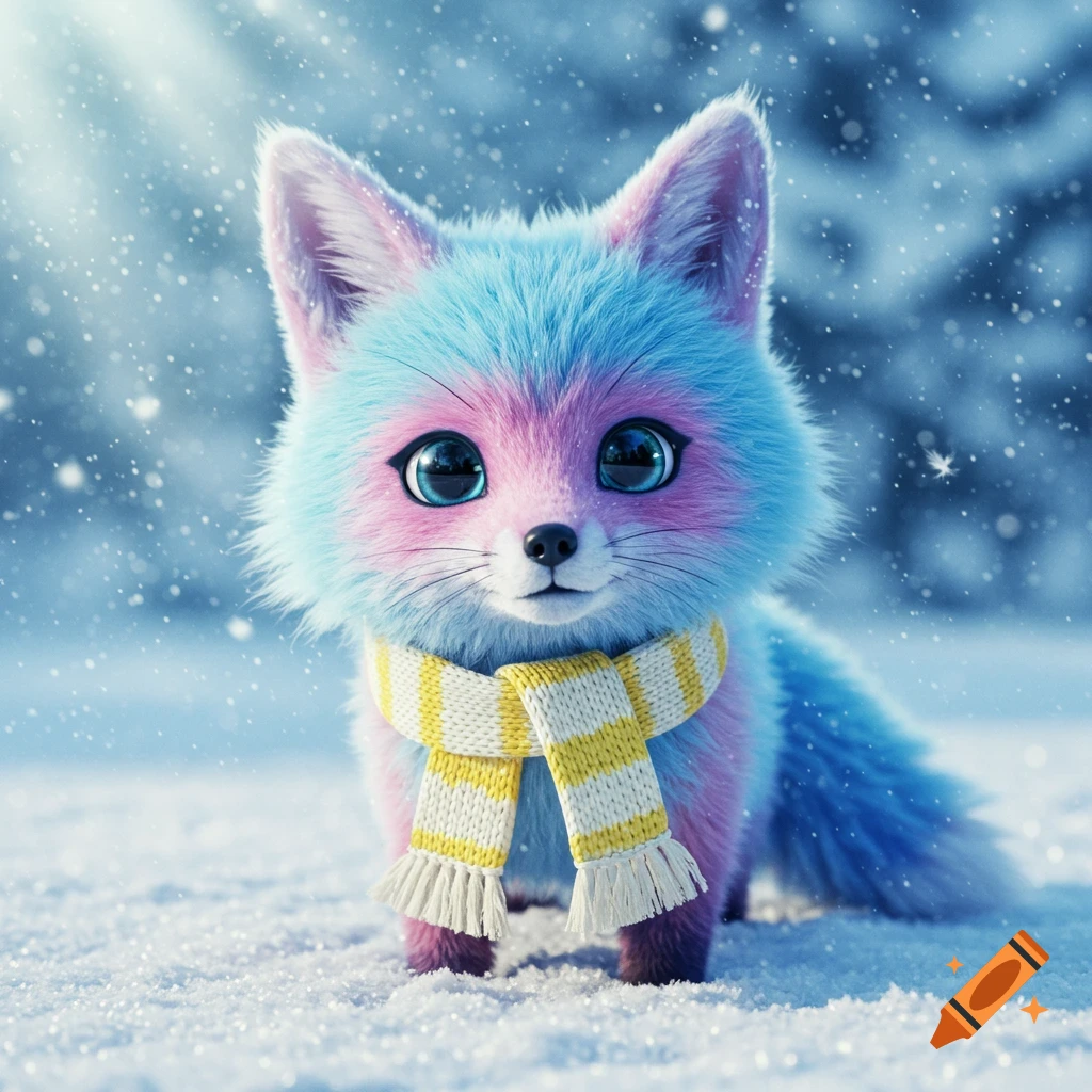 A fluffy blue and pink fox with big eyes and a yellow and white striped scarf stands in the snow.