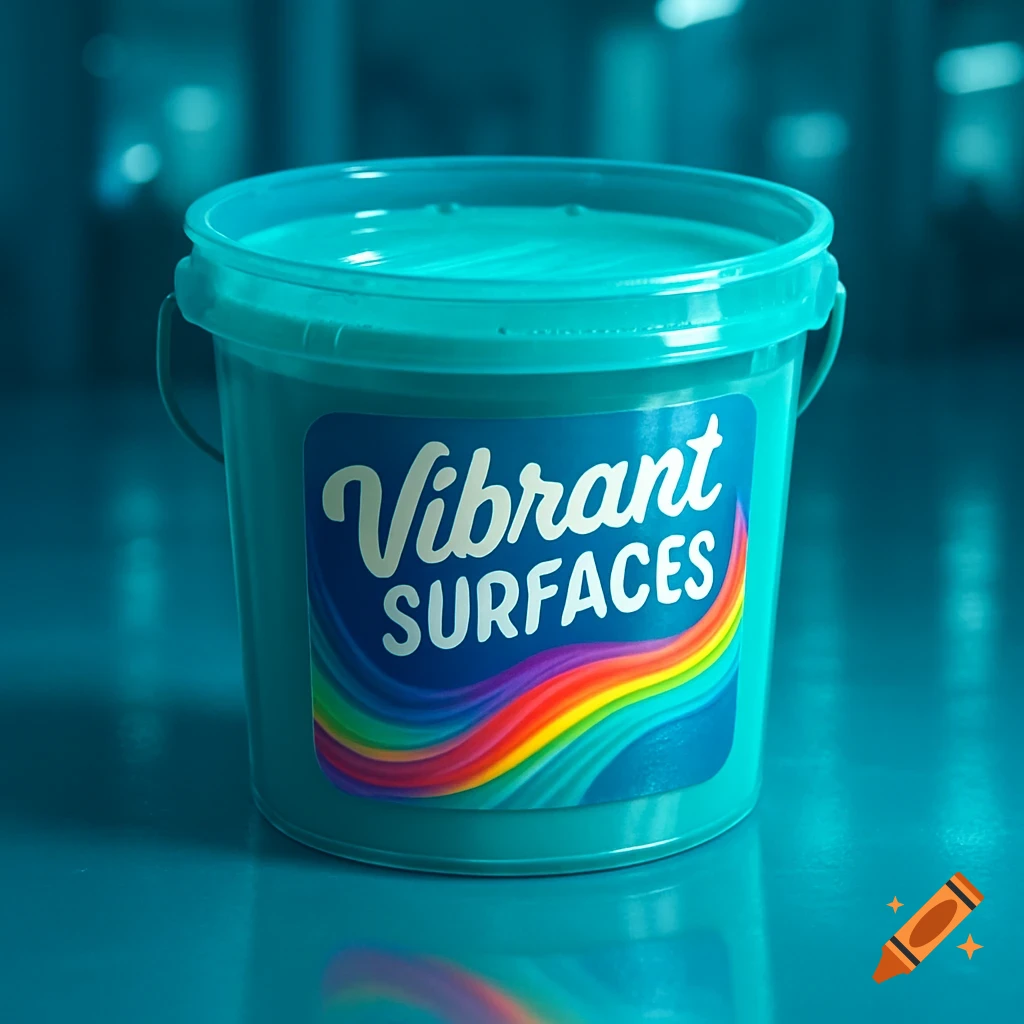 A vibrant turquoise paint bucket with a label reading 'Vibrant SURFACES' and a rainbow stripe, on a reflective turquoise surface.