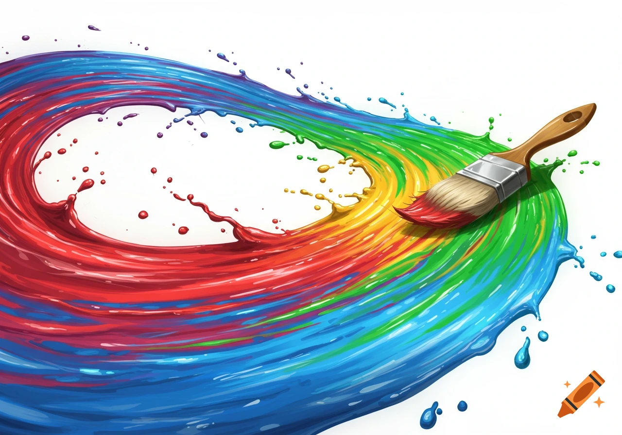 A paintbrush leaving a dynamic, swirling trail of rainbow-colored paint splashes on a white background.