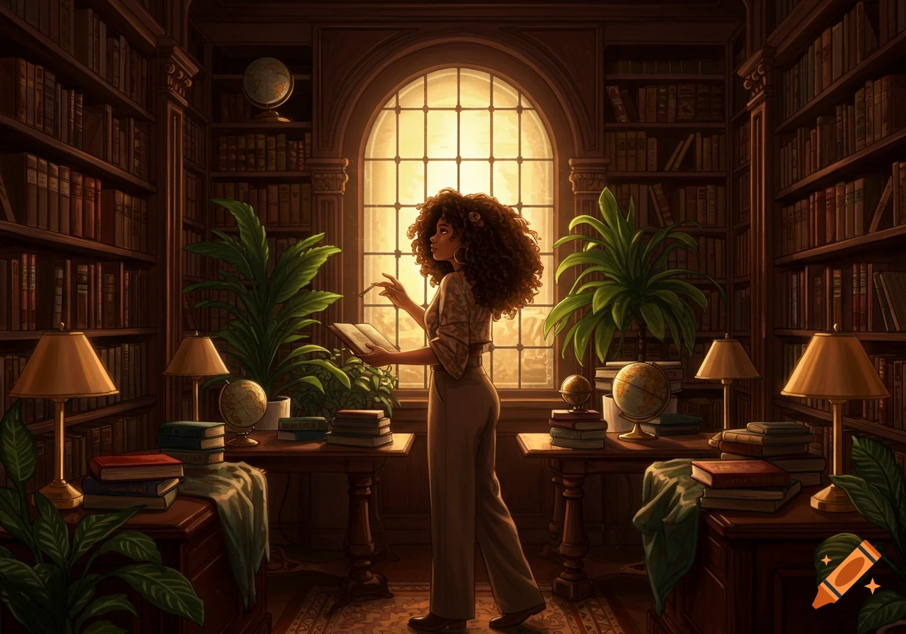 An illustrative image of a woman with curly hair holding a book in a grand library filled with bookshelves, plants, and globes.