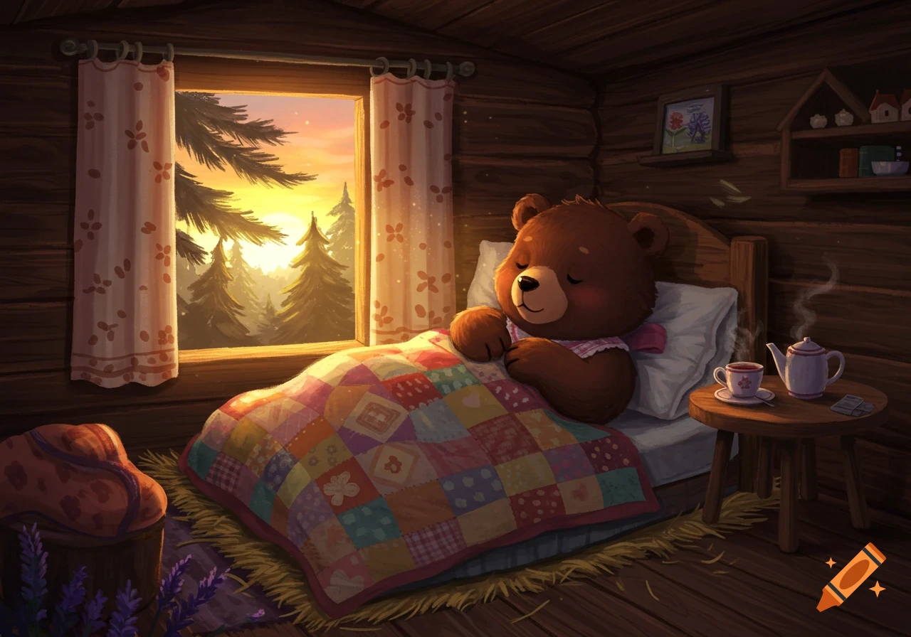 A cute cartoon bear sleeps in a cozy bed under a colorful quilt in a wooden cabin, with a sunset visible through the window.