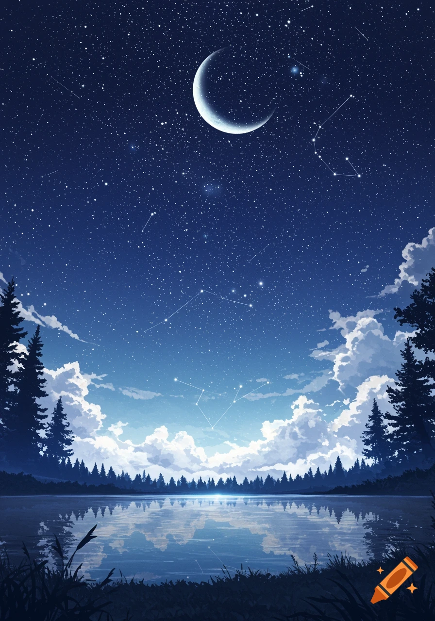 Stylized anime landscape featuring a crescent moon, constellations, and stars reflected in a calm lake bordered by evergreen trees.