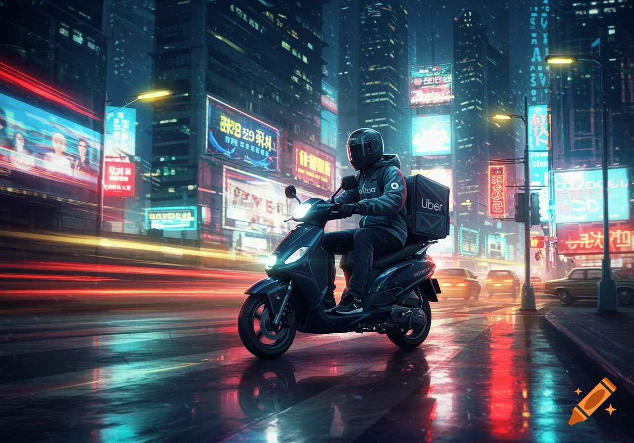 A stylized image of an Uber delivery rider on a scooter at night, driving through a neon-lit city street with blurred car lights.