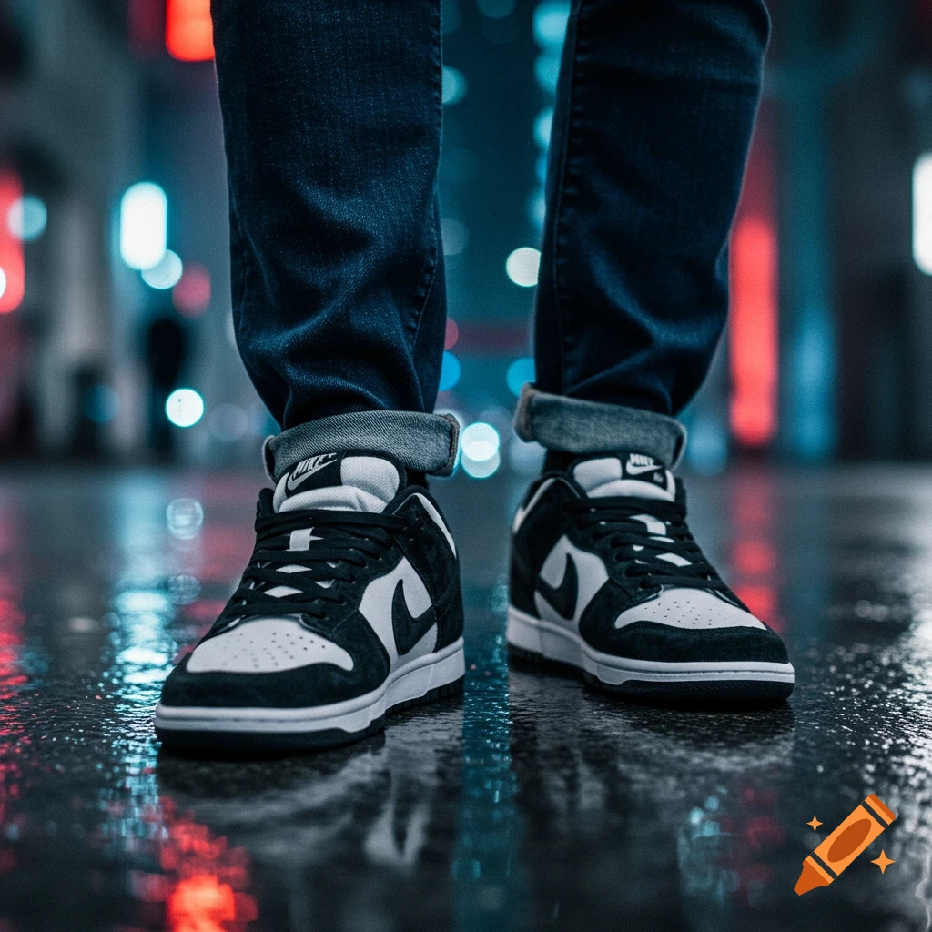 Close-up of a person wearing black and white Nike Dunk Low sneakers and jeans, standing on a wet street with blurred city lights.