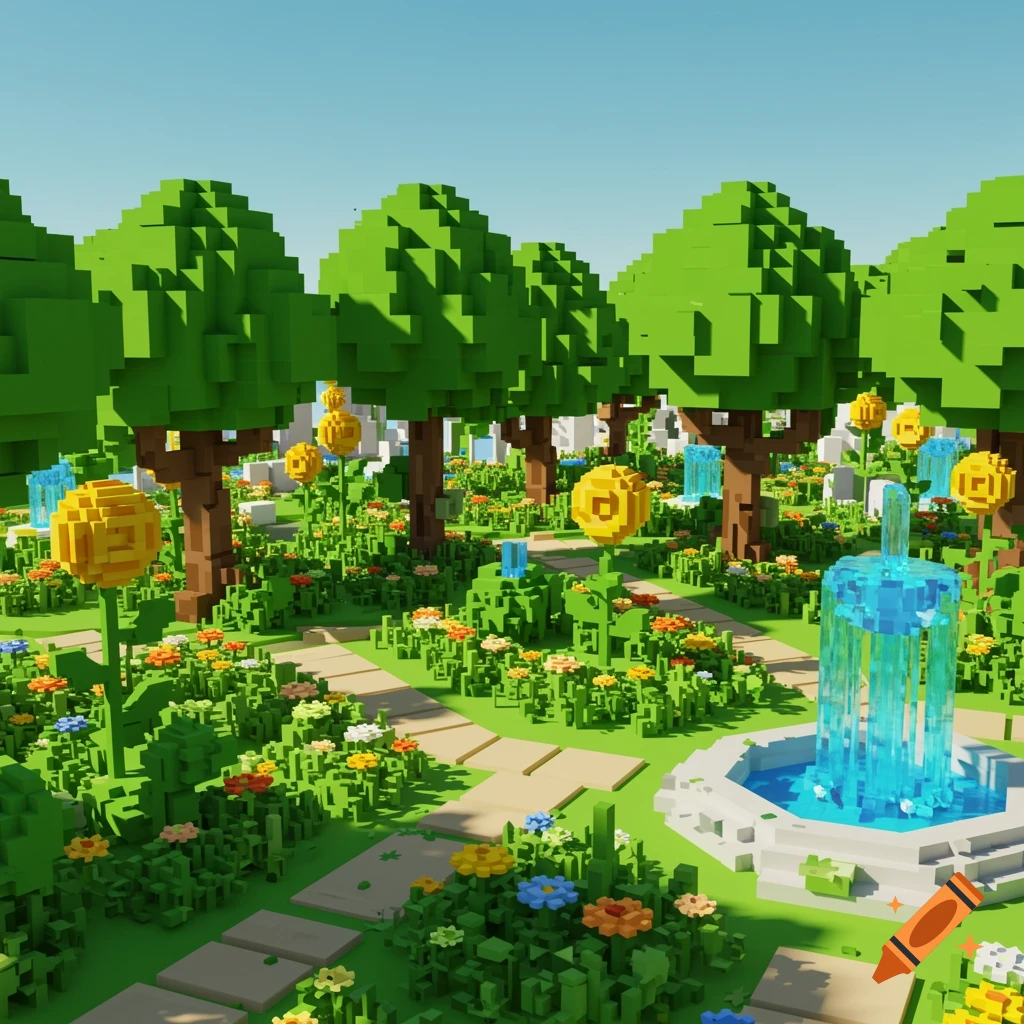 A vibrant voxel-style garden with blocky trees, colorful flowers, stone paths, and blue water fountains.