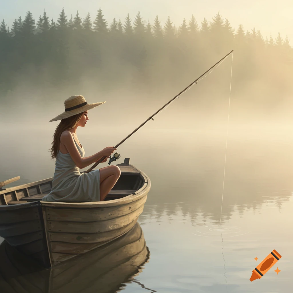A woman in a straw hat and dress sits in a wooden boat, fishing on a misty lake at sunrise with pine trees in the background.