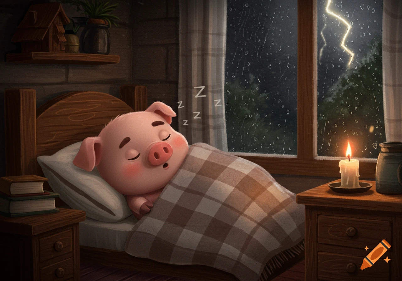 A cute cartoon pig sleeps soundly under a plaid blanket in a cozy bedroom during a thunderstorm, with rain on the window.