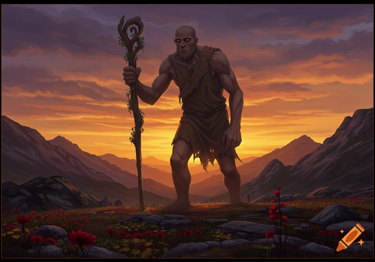 A giant, bald man with glowing eyes and torn clothes holds a gnarled staff in a mountainous landscape at sunset, with red flowers in the foreground.