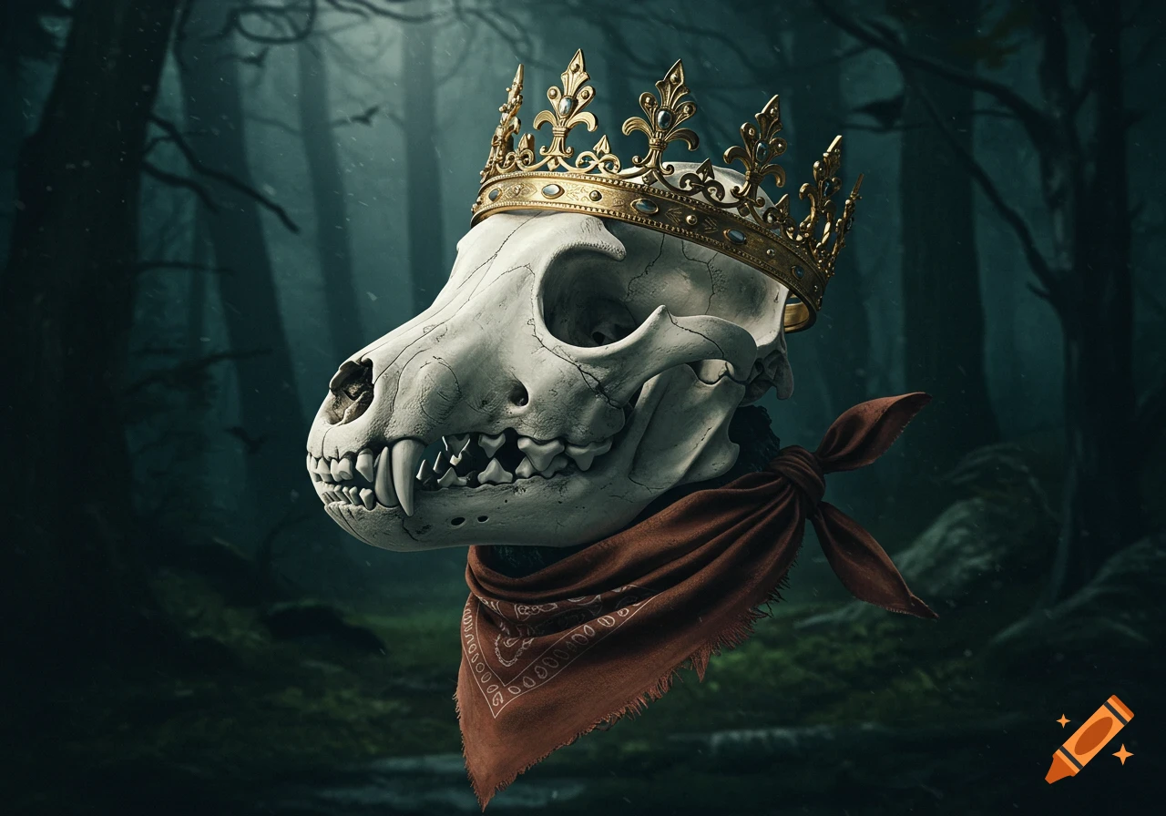 Photorealistic image of a wolf skull wearing a gold crown and red bandana, set in a dark forest.