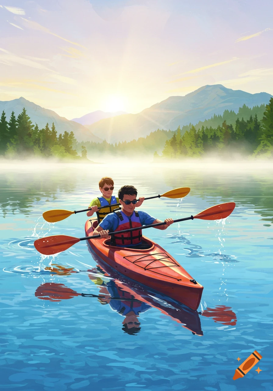 Two males in a red tandem kayak paddle across a tranquil lake at sunrise, surrounded by misty mountains and pine forests.
