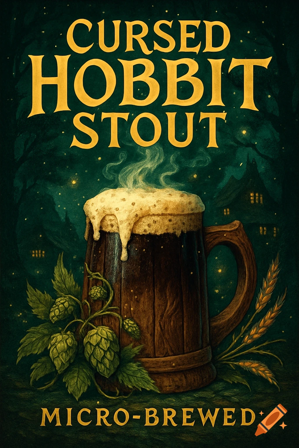A stylized poster advertising 'Cursed Hobbit Stout' with a wooden mug of beer, hops, and wheat against a dark, glowing forest.
