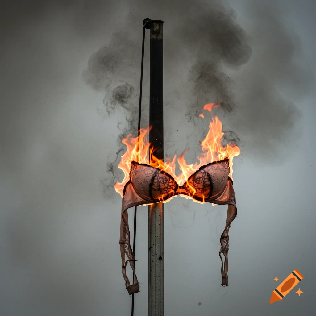 A bra burns in flames while hanging from a tall flagpole against a smoky gray background.
