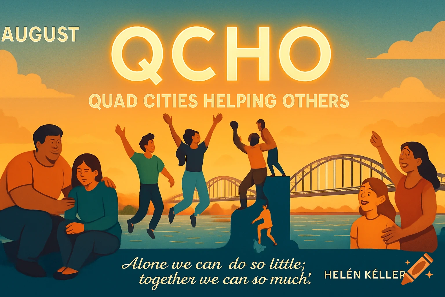 An illustration with a warm golden sky and blue water, featuring diverse groups of people interacting joyfully. Large glowing letters "QCHO" and text "QUAD CITIES HELPING OTHERS" are at the top, and a quote by Helen Keller is at the bottom.