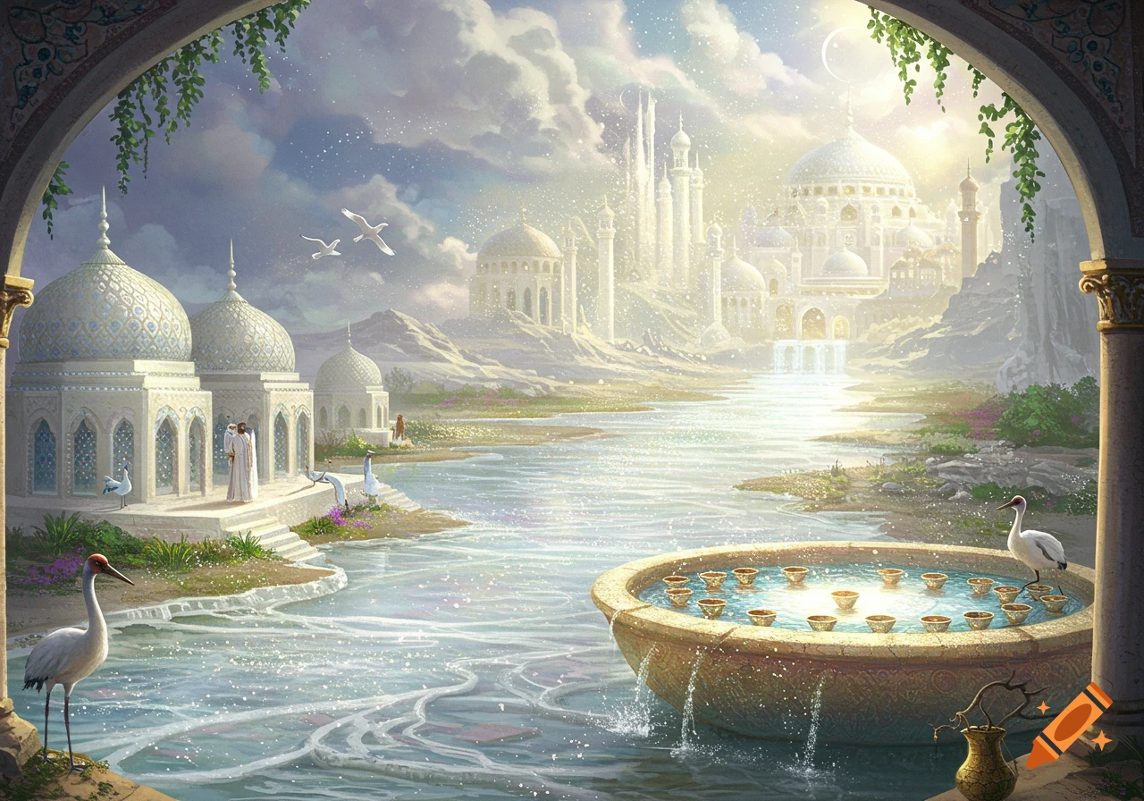 An ethereal fantasy landscape with a sparkling river, white domed buildings, distant city, and cranes under a bright sky.