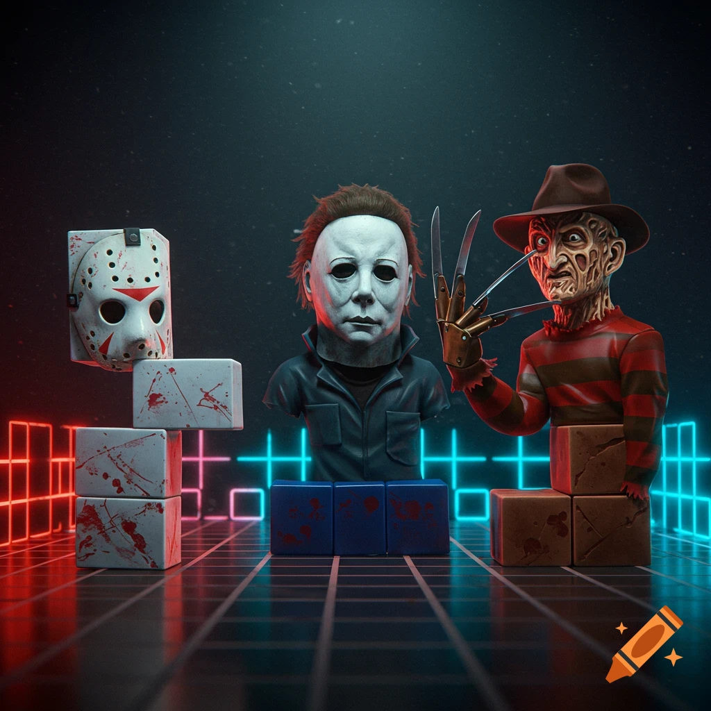 Stylized 3D render of Jason Voorhees' mask, Michael Myers, and Freddy Krueger busts on Tetris blocks against a neon grid background.