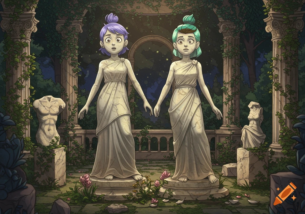 Cartoon statues of Luz and Amity looking surprised in overgrown ancient ruins at night.