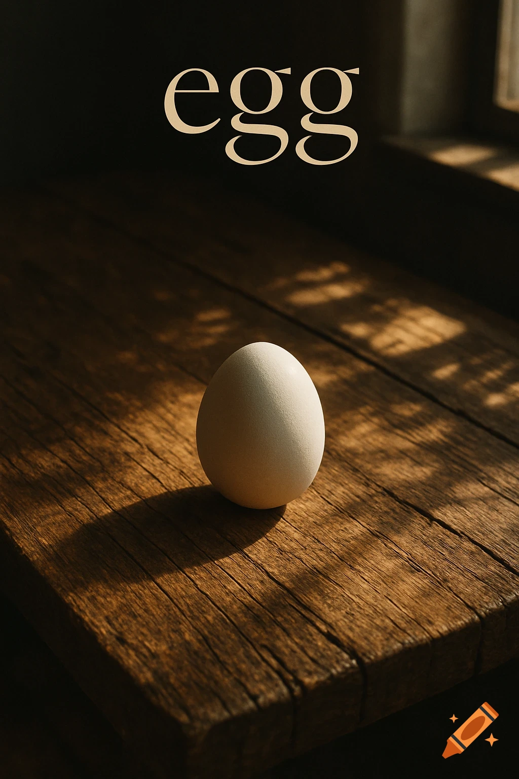 A single white egg rests on a dark wooden table, with the word "egg" in a light serif font above it.