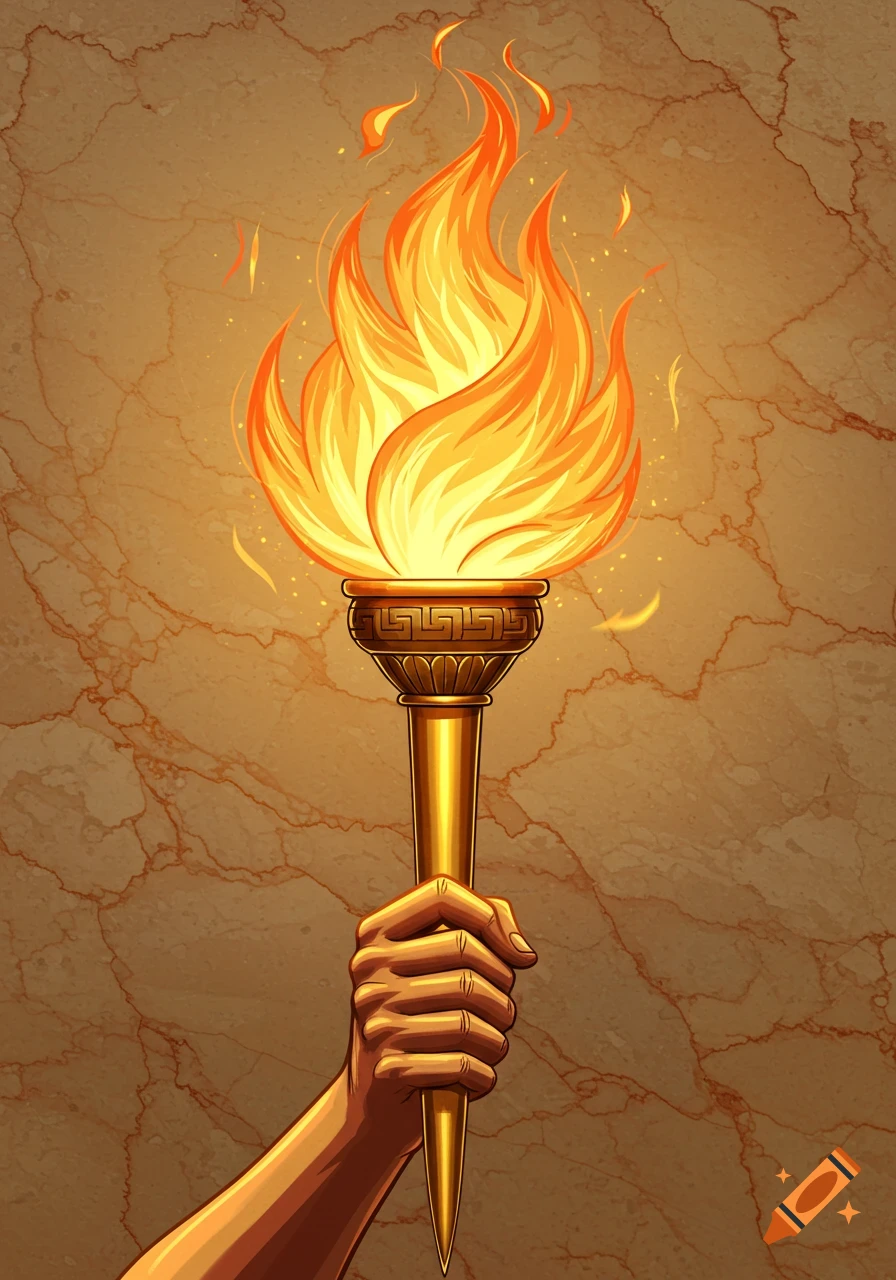 A stylized hand holds a golden torch with a large, vibrant flame against a patterned marble background, in an ancient Greek art style.