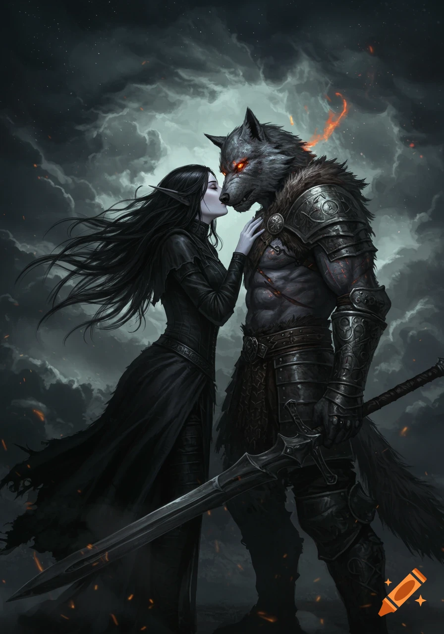 A pale, dark-haired woman with pointed ears gently kisses a tall, armored wolf-man with glowing eyes against a stormy, dark sky in a dark fantasy illustration.