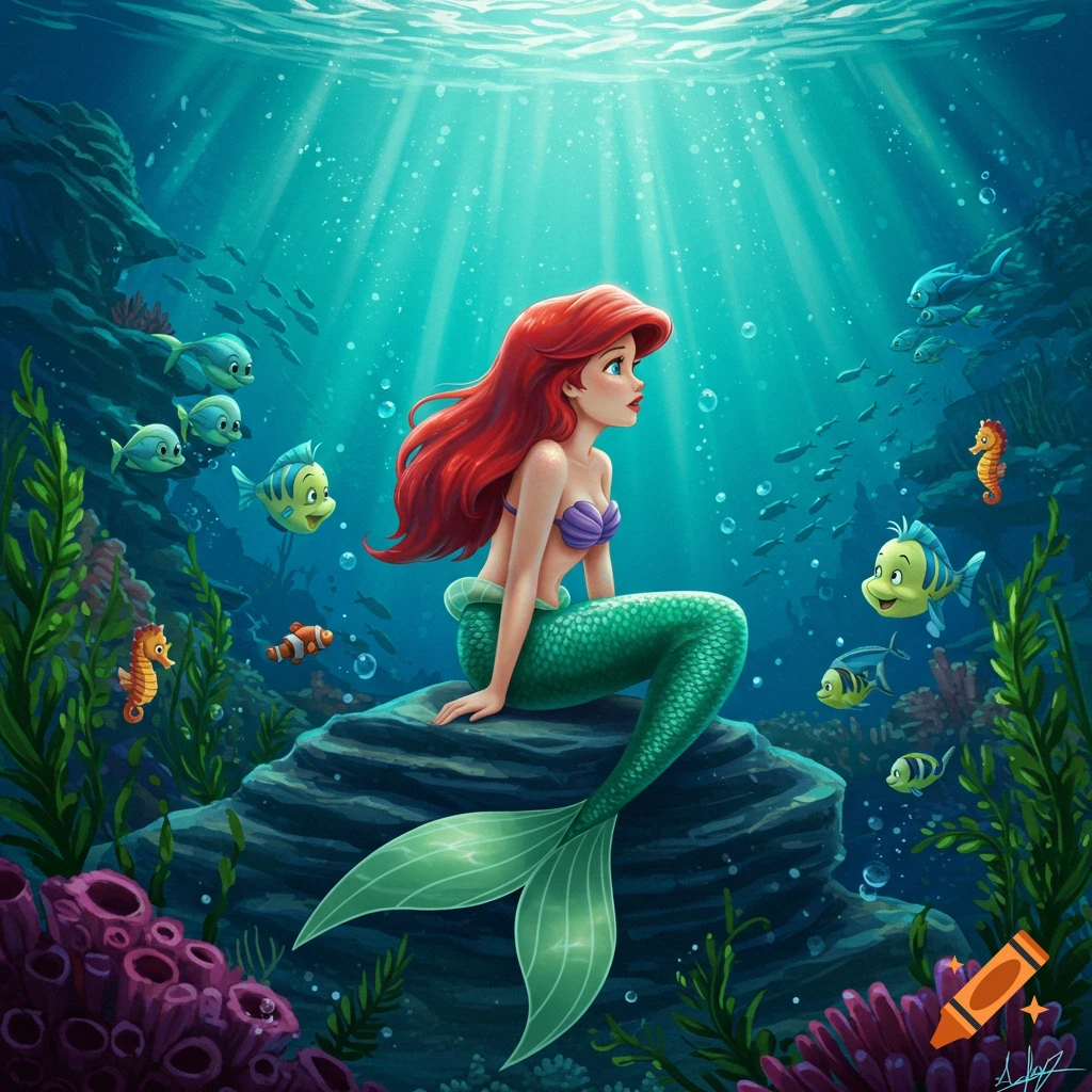 Animated illustration of The Little Mermaid Ariel with red hair and a green tail sitting on a rock underwater, surrounded by fish and coral.