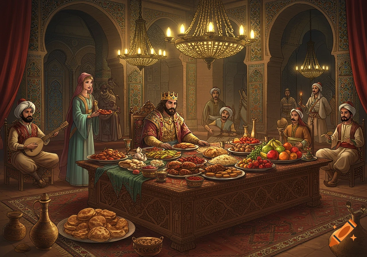 A storybook illustration of a king and his court enjoying a lavish feast in an opulent hall in an ancient Middle Eastern kingdom.