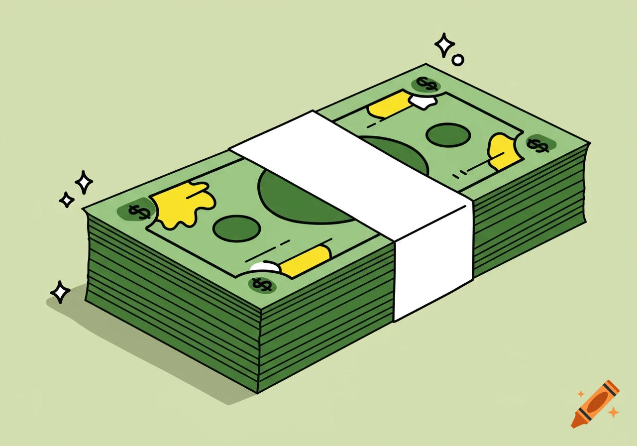 A cartoon vector illustration of a stack of green cash bills wrapped with a white band, against a light green background.