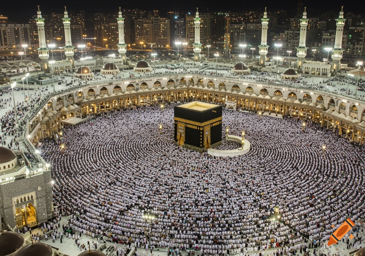 Aerial night view of thousands of pilgrims circling the Kaaba in the Grand Mosque, Mecca.